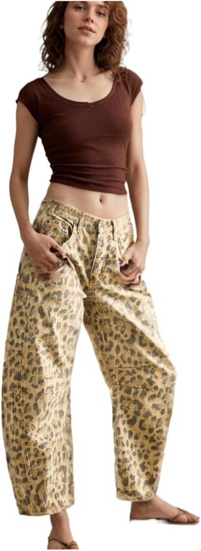 Leopard Pants Women Barrel Baggy Jeans Y2k Boyfriend Cheetah Print Jean Mid Rise Wide Leg Denim Ankle Pants Black Khaki XXL (XXL)
