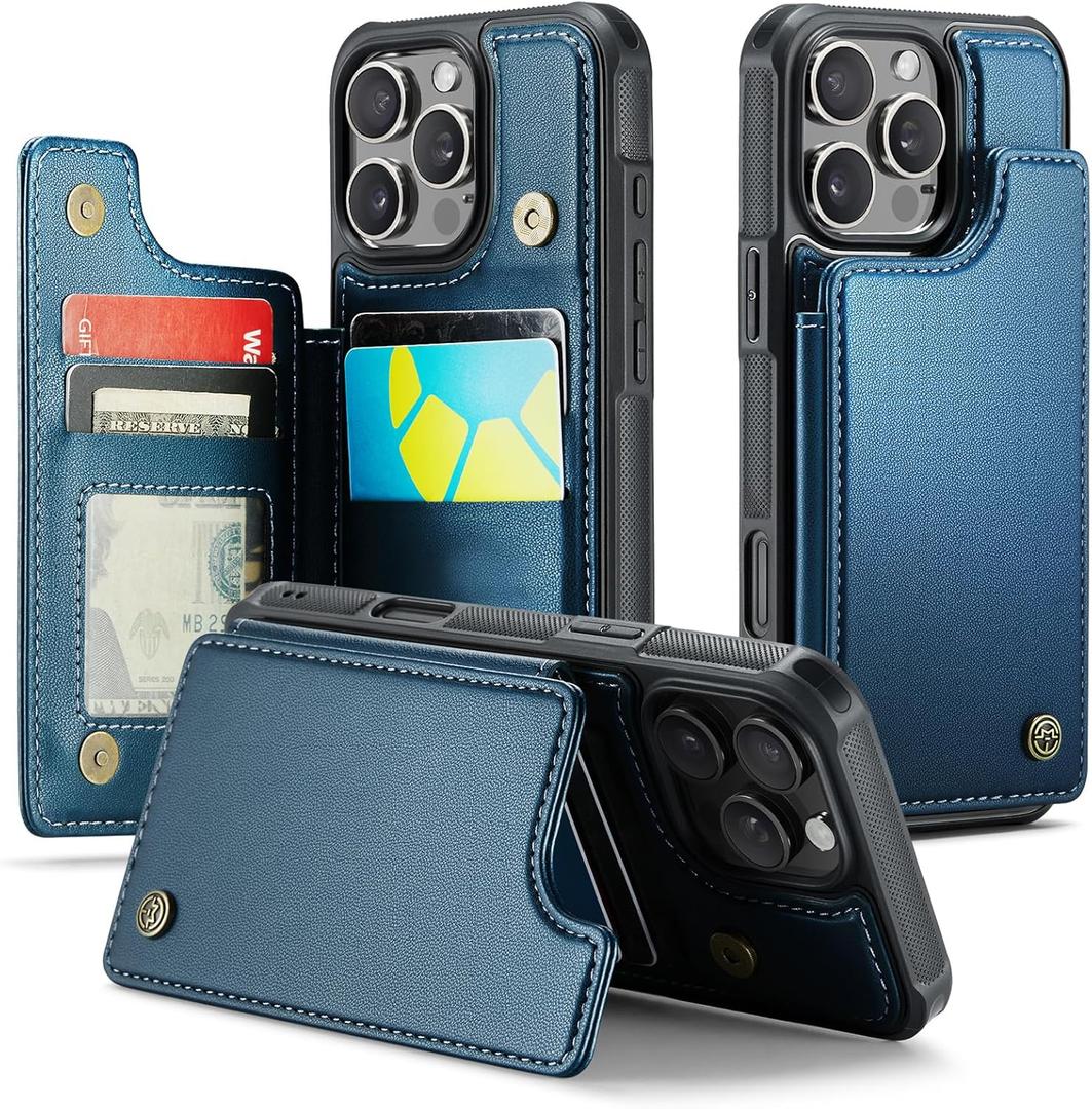 Compatible with iPhone 16 Pro 6.3" Wallet Case with Card Holder RFID Blocking for Women Men, Double Magnetic Clasp Kickstand Shockproof Phone Case Fit for iPhone 16 Pro, Blue