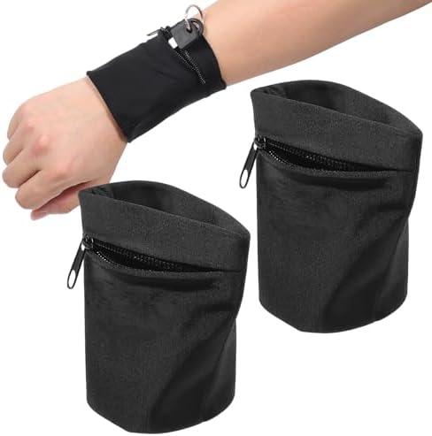 2 Pcs Wrist Wallets for Women Wristband with Zipper Key Card Storage Bags for Women Men Running Sports Jogging Hiking Basketball Tennis (Black)