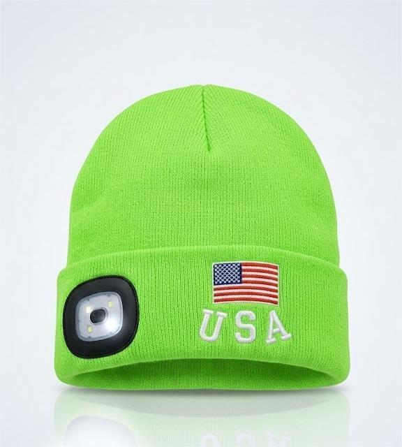 LED Beanie Hat with Rechargeable Headlight & Rear Red Light, 3 Modes, USB Charging, Warm Winter Cap with USA Logo