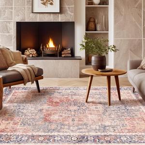 Kokia 8x10 Area Rugs for Living Room, Machine Washable Non Slip Vintage Boho Rugs, Low Pile Distressed Medallion Print Rug for Bedroom, Dining Room Brick Red 8 x 10 (Brick/Indigo/Pale Gold/Elephant)