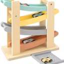 Joyreal Montessori Toys for 1 2 Year Old Boys and Girls - Soft Color Wooden Car Ramp Race Track Set with 4 Mini Cars & Garage - Christmas Birthday Gifts for Toddlers 1-3 Year Old