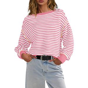 Panadila Womens Striped Oversized Sweater Fall Chunky Long Sleeve Pullover Sweaters Cable Knit Color Block Sweater Tops (X-Small, Pink White Combo)