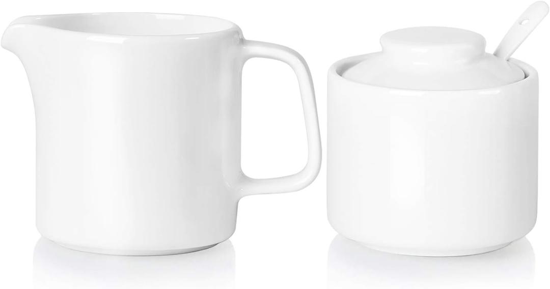 ONTUBE Porcelain Sugar and Creamer Set of 3,Ceramics Cream Pitcher, Sugar Bowl with Lid and Spoon (Bright White)