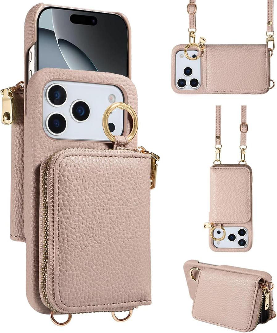 Wallet Case for iPhone 17 Pro 6.3 inch with Shoulder Strap Ring Buckle, Zipper Flip Organ Purse, Credit Card Holder Stand Full Body Cell Phone Cover for i Phone17 i17 17Pro Women Men Khaki