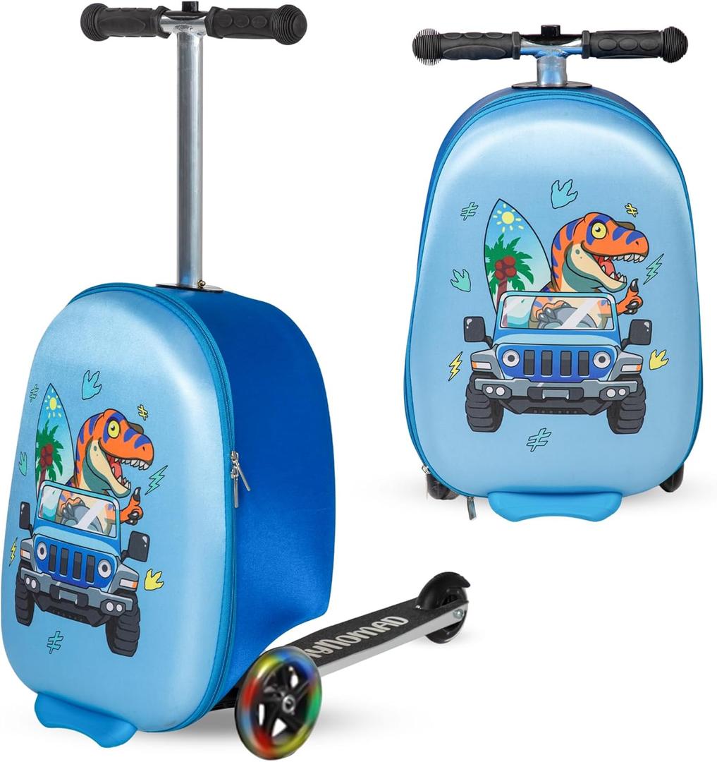 Dinosaur Ride-On Scooter Suitcase for Kids - Fun Travel Companion Luggage with Built-in Scooter, LED Wheels, and Carry-On Design for Boys Ages 5-12 - Foldable, Lightweight, Durable