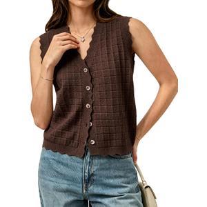 Trendy Sweater Vest Waffle Knit Top Vest V Neck Cardigan Sweater Casual Sleeveless Tops Cute Ruffle Vest (Brown, S)