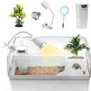 Turtle Tank Acrylic Habitat Kit with Silent Filter & Bottom Drain,UVB Basking Platform Light,Multi-Zone Aquatic Tortoise Enclosure with Hideout,Feeding Area,Plant,Net & Accessories for Baby