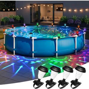 Solar Powered Pool Lights for Framed Above Ground Pools, Waterproof RGB Color Changing Light, Backyard Decor Accessories for Framed Swimming Pools, 4 Pack
