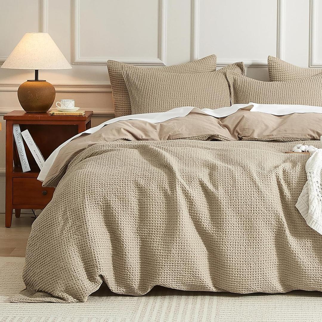 SE SOFTEXLY Waffle Duvet Cover King, 100% Cotton Waffle Weave Bedding Duvet Cover Set, Soft and Breathable Comforter Cover for All Season, 3 Pieces Including Pillow ShamsKhaki, 104x90