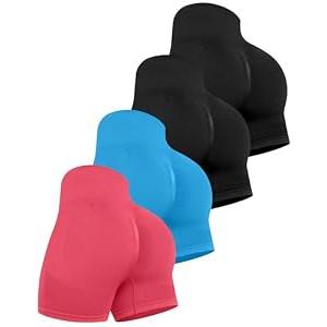 CHRLEISURE Women's 4 Packs Workout Gym Shorts, High Waisted Butt Lifting Scrunch Butt Seamless Booty Shorts(2 Black/Blue/Pink, M)