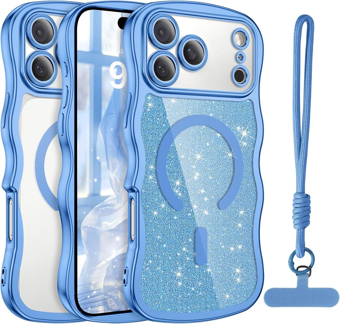 BENTOBEN Magnetic for iPhone 17 Pro Case 2025, Clear Glitter Cute Curly Wavy [Compatible with Magsafe] Sparkly Shinny Slim Design Shockproof Protective Girly Women Phone Cover, Deep Blue/Clear