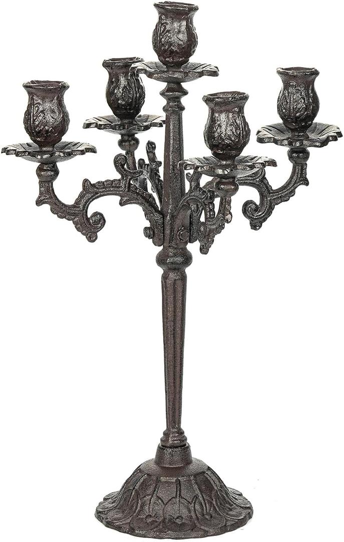 Sungmor Heavy Duty Cast Iron Candlestick Holders - Handcrafted Vintage Candelabra - 17Inch Tall & 5 Arms Candle Holders - Decorative Pillar Candle Stand for Christmas Birthday Wedding Home Party