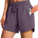 Ksmien Women's 5"/ 7" Athletic Running Shorts Quick Dry Lightweight Workout Gym Shorts with Zipper Pockets UPF 50+ Grey Purple XL