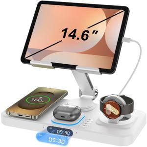 30W Wireless Charger for Samsung/Android Mag-Safe Charging Station with Clock/Light for Samsung S25/S24/S23 Ultra/Buds,for iPad/Tablet Foldable Stand, Watch Charger Only for Galaxy Watch 8/7/6/5,Pearl