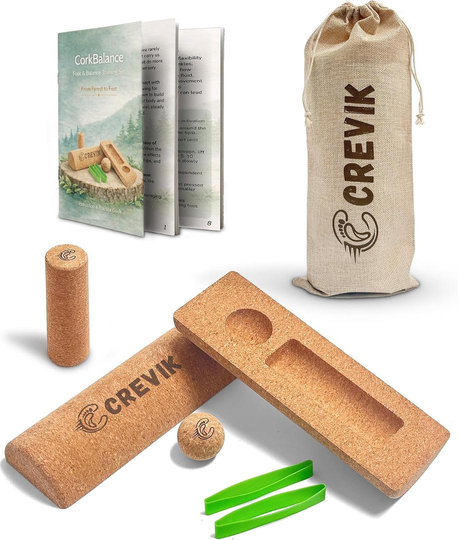 Cork Balance Board Kit, 4-in-1 Foot Balance Board and Foot & Ankle Strengthener for Stability, Mobility & Balance, with Toe Resistance Bands, Crafted from Natural Cork, Digital Guide Included