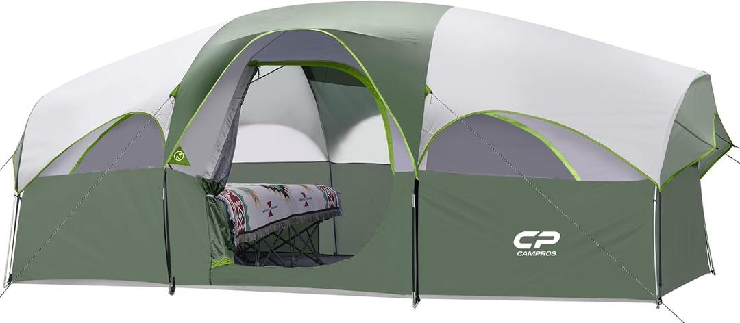 CAMPROS CP Tent 8 Person Camping Tents, Weather Resistant Family Tent, 5 Large Mesh Windows, Double Layer, Divided Curtain for Separated Room, Portable with Carry Bag (Light Green)