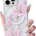 NITITOP Compatible with iPhone 16 Pro Case Clear Magnetic Compatible with MagSafe Cute Lily Flowers Floral for Women Girls Hard PC Back Shockproof Protective Phone Cover - Pink