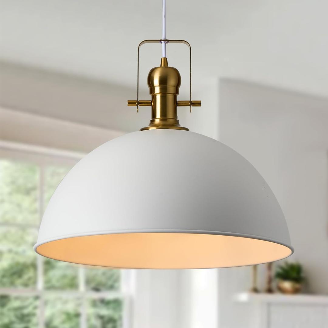 18 Inch White Farmhouse Pendant Lights, Large Pendant Lights for Kitchen Island, Industrial Adjustable Height Vintage Big Dome Hanging Light Fixtures for Barn, Dining Room