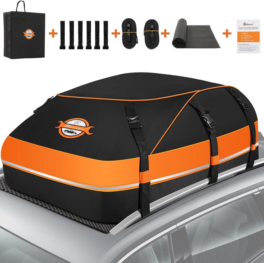 Sailnovo Rooftop Cargo Carrier Waterproof 20 Cubic Feet Car Roof Rack Cargo Carrier Roof Cargo Bag for All Cars with/Without Rack, Includes Anti-Slip Mat, 6 Door Hooks & Waterproof Curtain