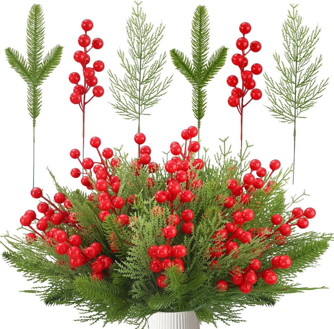 80 PCS Christmas Artificial Pine Branches 8" Artificial Red Berry Stems 13.5" Christmas Faux Greenery Pine Picks Fake Pines Needles DIY Crafts Decorations for Xmas Tree DIY Wreath Garland Home Decor