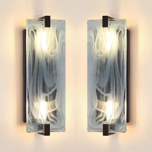 2 Pack 2 Light 15.7" Blue Frosted Glass Bathroom Wall Sconce Modern Concise Style Wall Light Fixture,Black Finish for Bedroom Hallway Bedside