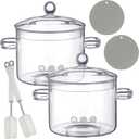 Tioncy 2 Pcs Clear Glass Pots for Cooking on Stove 1.3 L 44 oz Glass Saucepan with Lid Handle Simmer Pot Handmade Cookware Borosilicate Cooking Pot with Brushes and Silicone Mats(Modern)