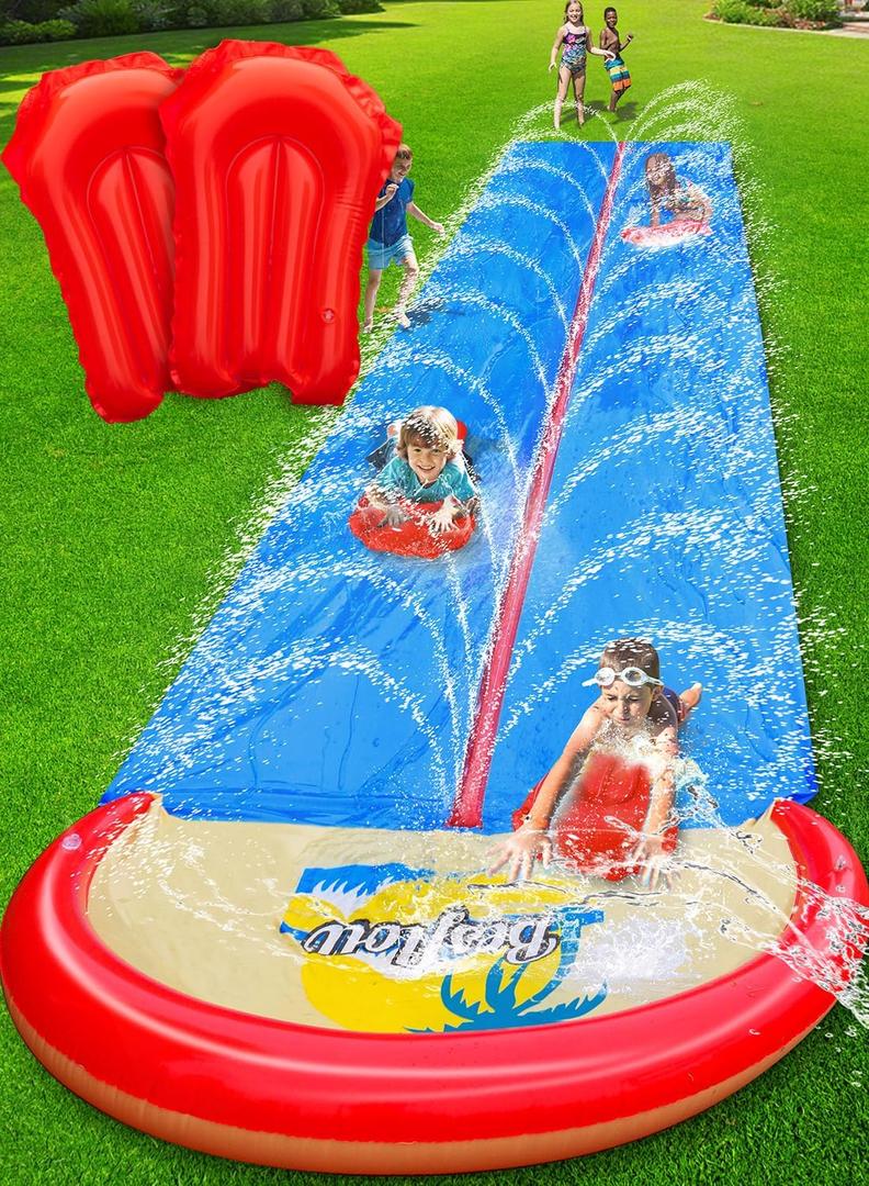 Slip and Water Slide for Kids and Adults Extra Long Lawn Water Slides Backyard Heavy Duty with Two Inflatable Bodyboards and Double Lane Water Toys Summer, 22ft-Double Lane