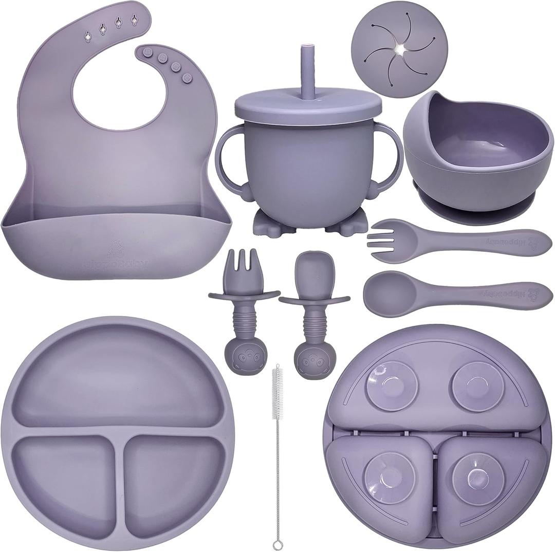 Baby Led Weaning Supplies | 10 Piece Silicone Feeding Set | Baby Toddler Bib Cup Divided Plate and Bowl Self Feeding Spoons Dish Set | Baby Utensils | Toddler Feeding Supplies (Lavender)