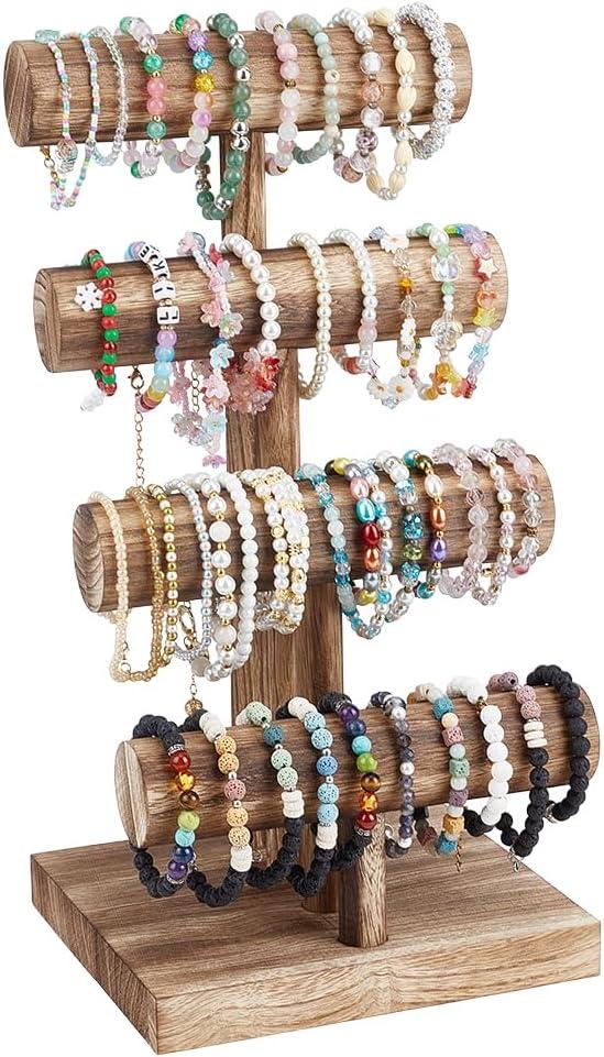 PH PandaHall 4 Tier Wood Bracelet Holder T-Bar Bracelet Organizer Bangle Displays Rack Watch Display Tower Bracelets Storage Rack Jewelry Display Stand for Business Vendors Selling Craft Show Store