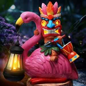Gerrii Solar Tiki Statue Outdoor Light Decoration Tiki Bar Garden Statues 11'' Resin Waterproof Flamingo Figurines for Garden, Patio, Balcony, Yard, Lawn Ornament
