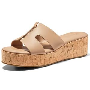 Coutgo Women's Platform Wedge Sandals Open Toe Slip On Slides Cork Heeled Cutout Comfortable Summer Shoes, Khaki, Size 9