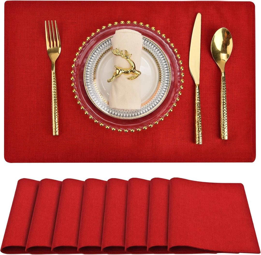 SLKQG Christmas Red Linen Fabric Placemats Set of 8, Heat Resistant & Machine Washable Double-Layered Cloth Placemats for Dining Table, Indoor/Outdoor Use, Non-Slip Kitchen Table Mats (8, Bright Red)