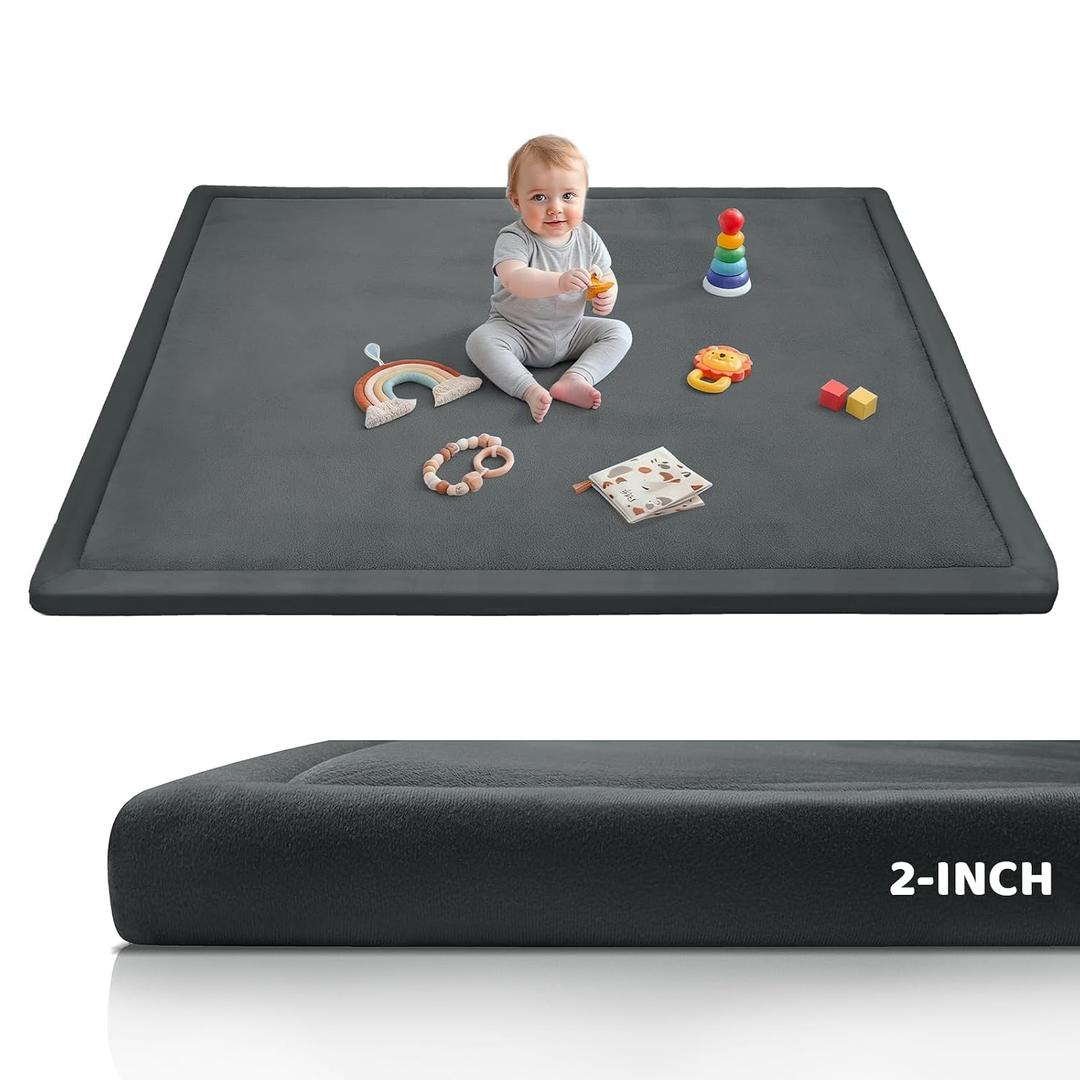 2Inch Extra Thick Baby Play Mat for Floor, 59"x79" Padded Playmat, Gray Elasti-Foam Mat with Non-Slip Base, Water Repellent Coral Velvet, Non-Toxic for Toddlers Kids Crawling, Playpen, Tummy Time, 79" X 59" X 2"
