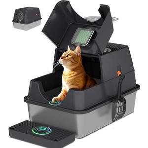 Citylife Stainless Steel Litter Box with Lid XL Large Enclosed Metal Box Anti-Leakagecat Litter Box Stainless Steel Includes Scoop, Odor Control Easy Cleaning, Dark Grey