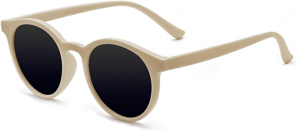 Vintage Polarized Horn Rimmed Round Circle Sunglasses UV400 Protection (Beige/Grey)