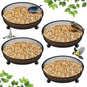 Nuogo 4 Pcs Ground Bird Feeder Tray 7 Inches Platform Bird Feeder for Outside Metal Squirrel Feeders Rust Resistant Mesh Seed Tray Garden Yard Decoration for Outdoor Wild Dove(Round)