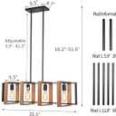 Dining Room Light Fixture Farmhouse Pendant Lights Kitchen Island Rustic Kitchen Light Fixtures 4 Lights Wood and Black Metal Rectangular Chandelier Ceiling Hanging Lighting 35.4"