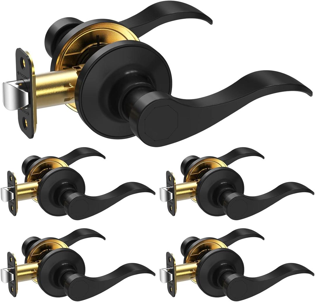 TICONN Traditional Wave Style Reversible Door Lever, Door Handle for Interior Doors and Closet (Matte Black, Passage, 5-Pack)