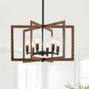 Modern Farmhouse Chandelier, 20'' Black and Wood Grain Dining Room Light Fixture, Geometric Pendant Light for Living Room Kitchen Bedroom Hallway, 6-Light Adjustable Hanging Lamp