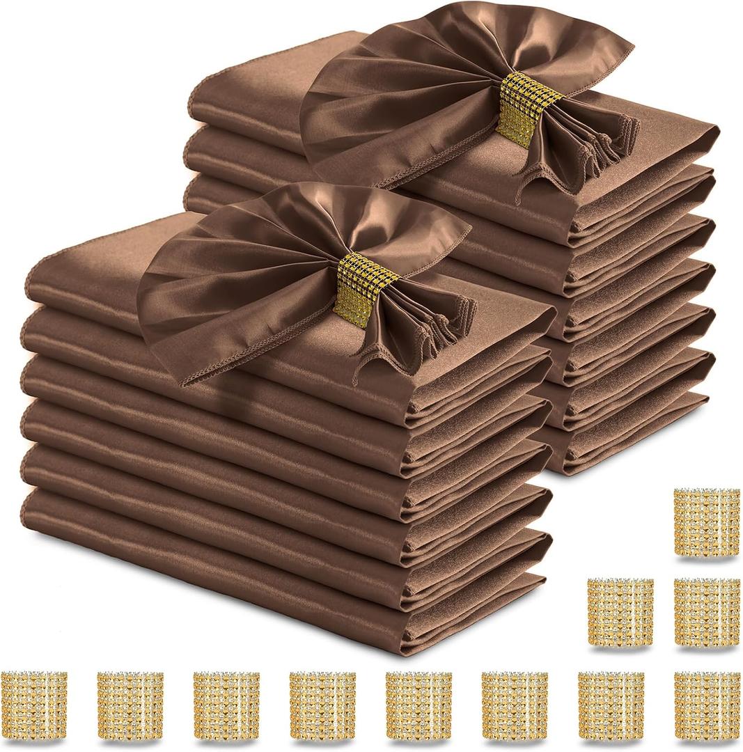 RUDONG M 100 Pcs Chocolate Brown Satin Napkins and Napkin Rings Set, 17 x 17 Inch Square Cloth Napkins Set of 50, Silky Soft Table Napkins Bulk for Weddings, Banquet, Parties Dinner Decoration