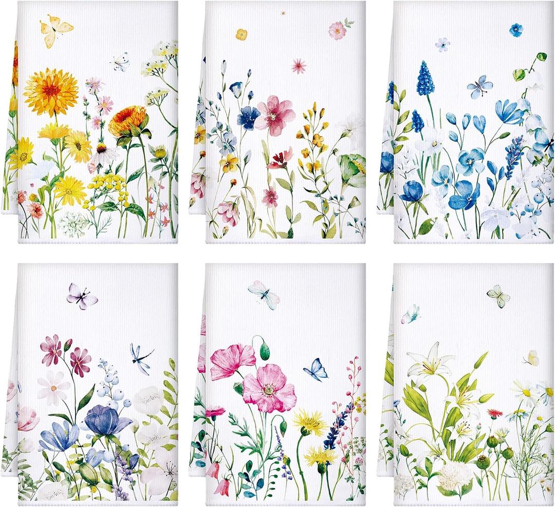 Geyoga 6 Pcs Summer Floral Kitchen Towels Flamingo Dish Hand Towels Sunflower Daisy Flower Wildflower Tea Cloths for Kitchen Bathroom Decor,16 x 24 Inch(Assorted Color,Colorful Flower)