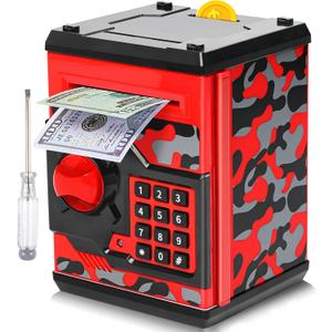 ATM Piggy Bank for Boys Girls, Vcertcpl Mini ATM Coin Bank Money Saving Box with Password, Kids Safe Money Jar for Adults with Auto Grab Bill Slot, Great Gift Toy Bank for Kids(Camouflage Red)