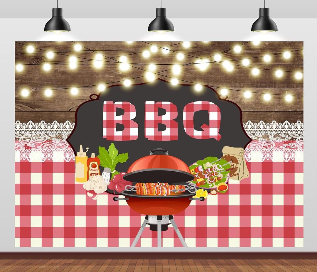 CORFOTO 7x5ft BBQ Family Party Backdrop Brown Wooden Board String Lights Lace Barbecue in The Wild BBQ Theme Party Background Kids Adult Bridal Shower Summer Park Decorations Cake Table Banner (N2-a60342)