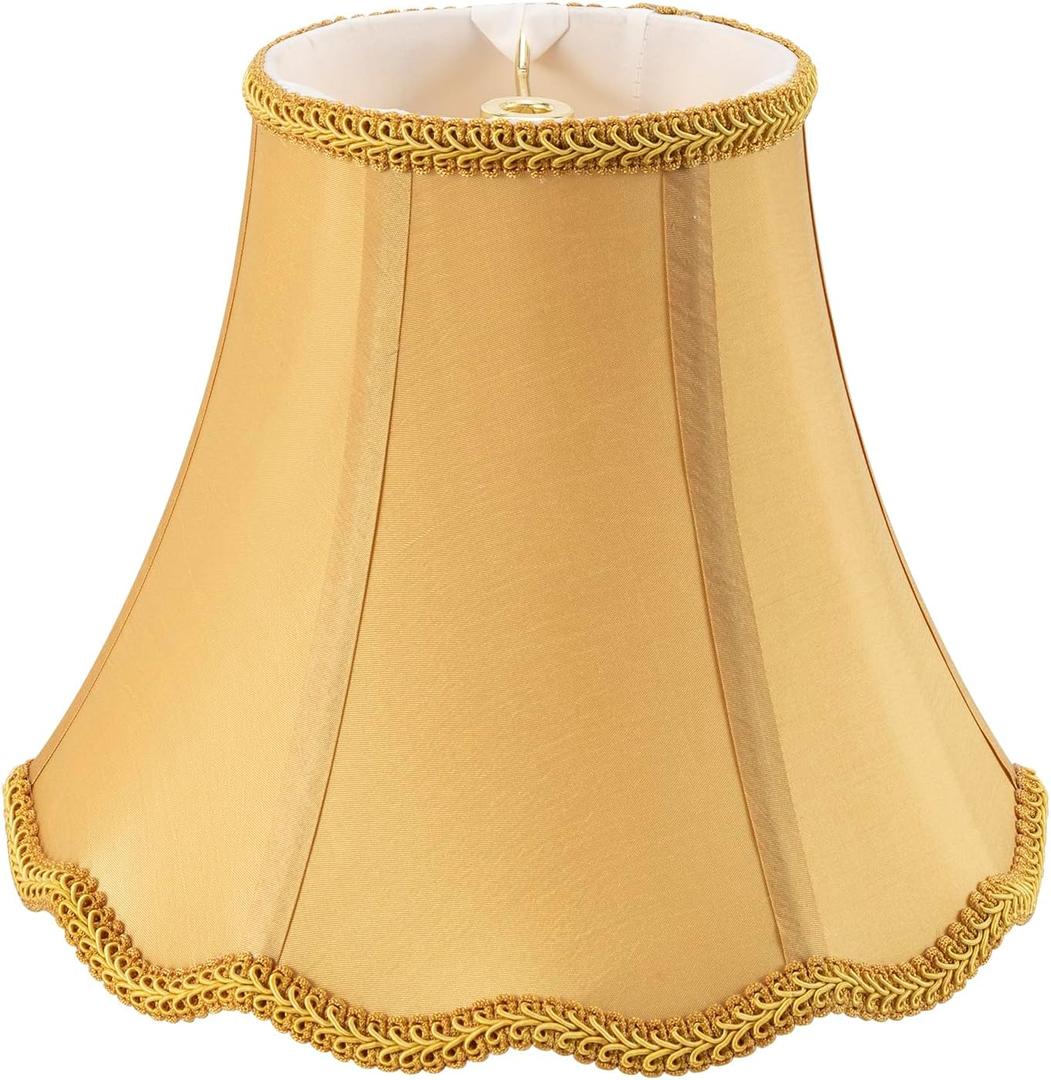Golden Bell Scalloped Lampshade, 7" Top x 14" Bottom x 10" Vertical Height, Solid Lamp Shade Replacement with Brass Harp Set for Table Lamp, Double Layer Polyester Fabric Lamp Cover, Pack 1