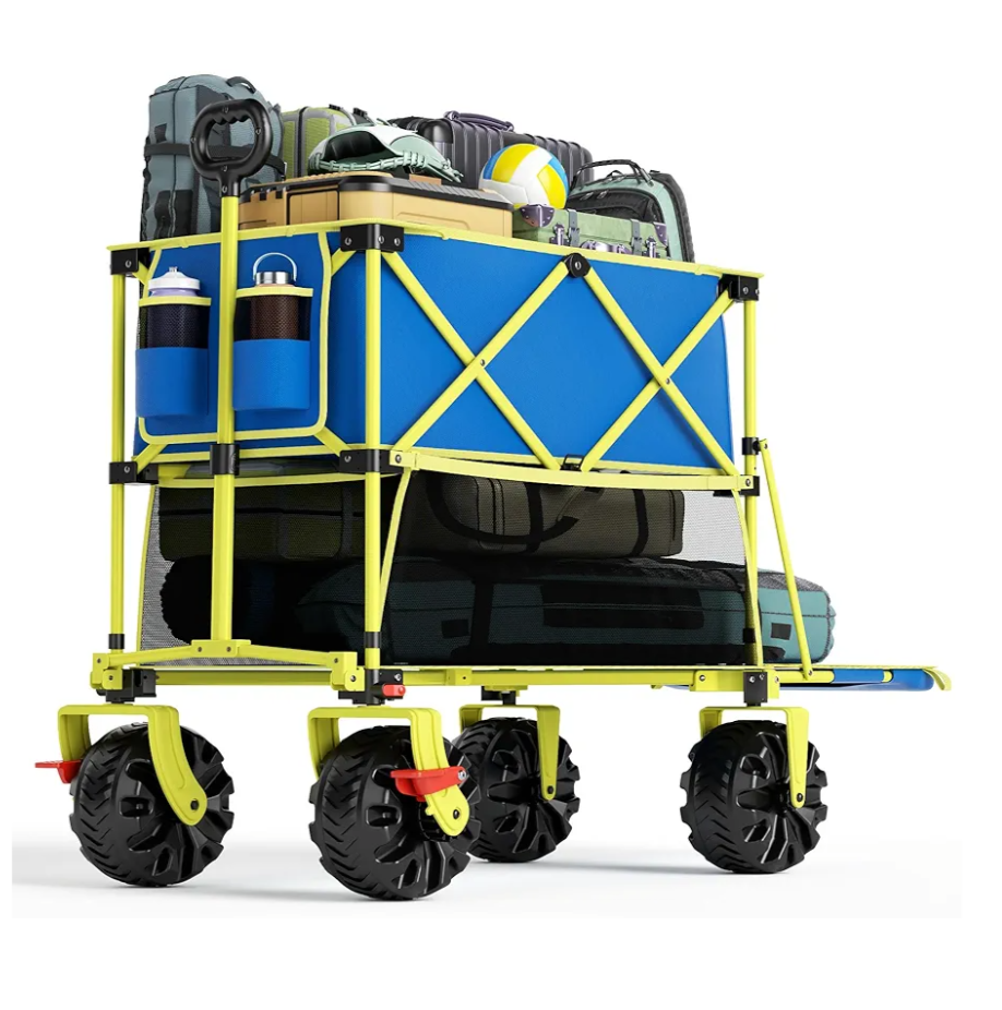 400L Collapsible Double Decker Beach Wagon with Brakes, Folding Beach Cart with 54" Extra Long Decker, 450LBS Heavy Duty Wagon Chart with All-Terrain Big Wheels for Sand Camping Garden