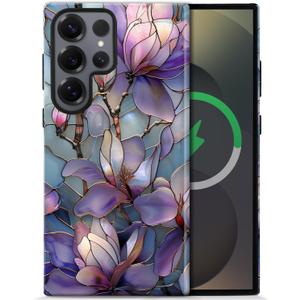 Magnetic Case for Samsung Galaxy S23,Purple Lotus Floral Case [Compatible with Magsafe] Design,Dual Layer Soft TPU Hard PC Bumper Phone Case Case for Men Women