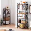 HCHQHS Adjustable 6 Tier Open Bookcase, Rustic Farmhouse Book Shelves, Industrial Wood and Black Metal Bookshelves, Mid Century Bookcase for Home Office Living Room Bedroom