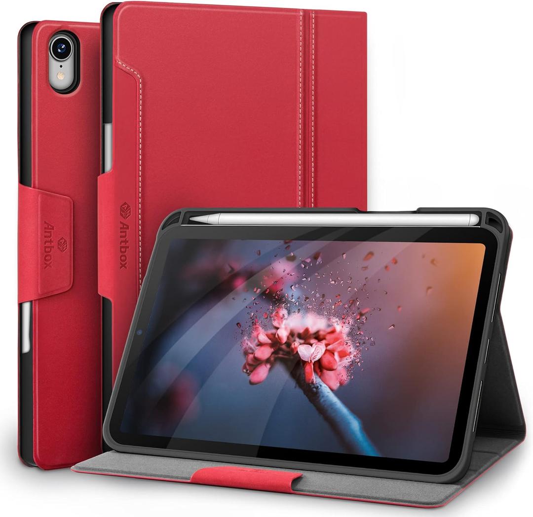 Antbox Case for iPad mini 7 A17 Pro, iPad mini 7th/6th Generation Case (2024/2021) with Pencil Holder Vegan Leather Smart Cover with Auto Sleep/Wake Stand Function (Red)