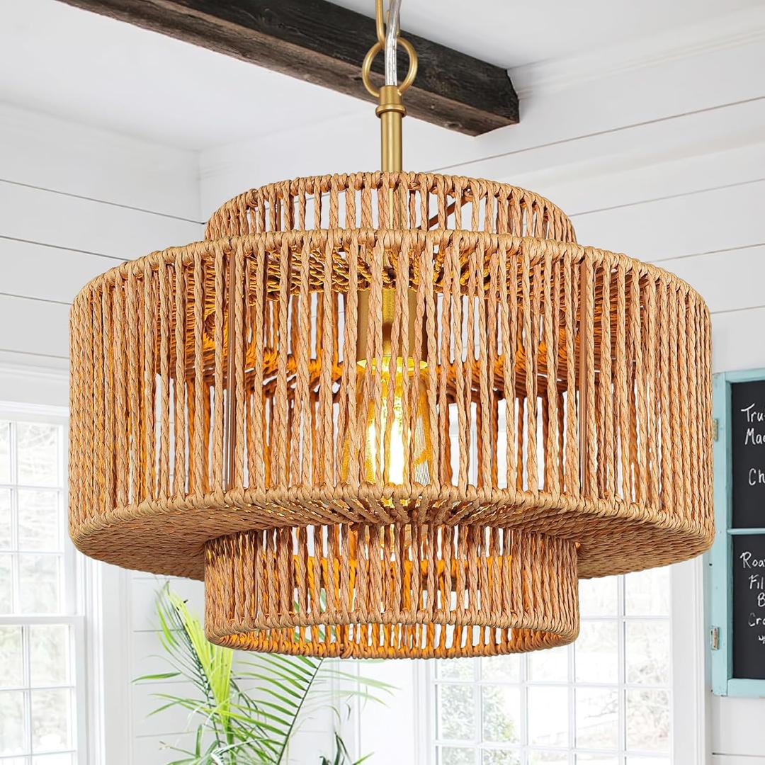 12.5" Rattan Chandelier 1-Light Woven Rattan Pendant Light Boho Wicker Pendant Lighting Fixture Farmhouse Chandelier Light Fixture 3-Tier Drum Wicker Golden Chandeliers for Dining Room (Brown-Gold Finsh)